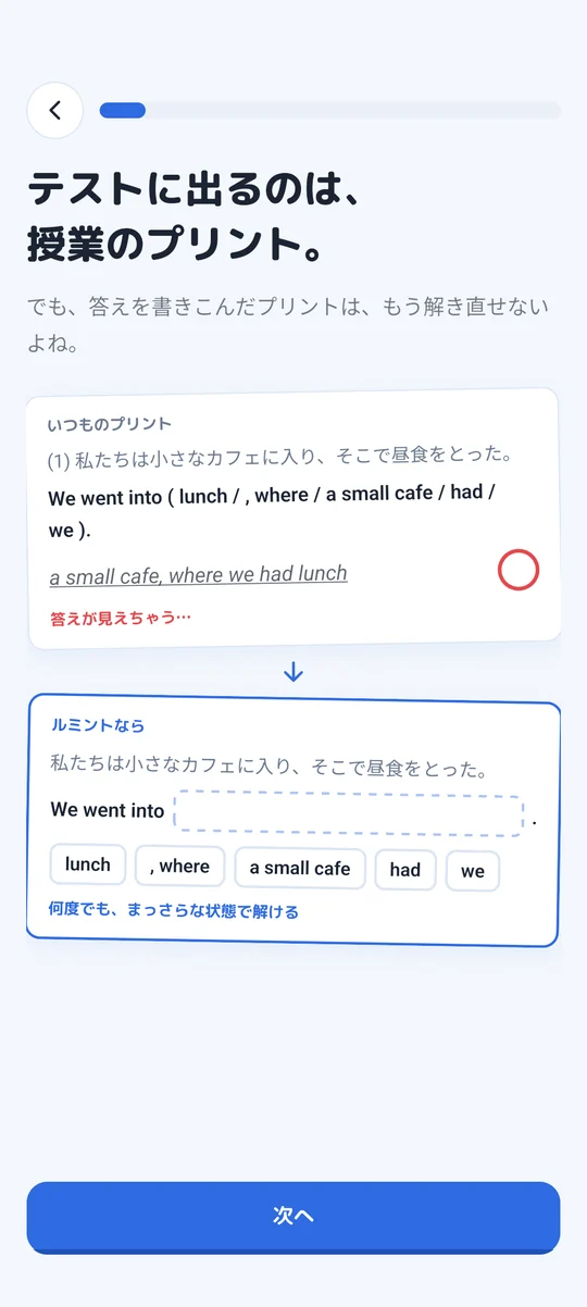 「いつものプリント」と「ルミントなら」を比べた画面。プリントでは答えが見えてしまうが、ルミントでは語句を並べかえて解き直せる